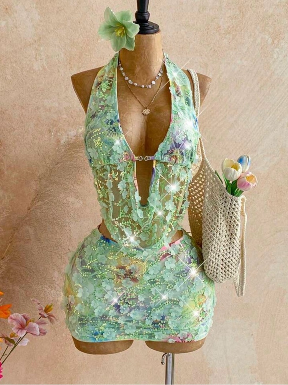 Sheer Floral Halter Mini Dress in Mint Green- every size available